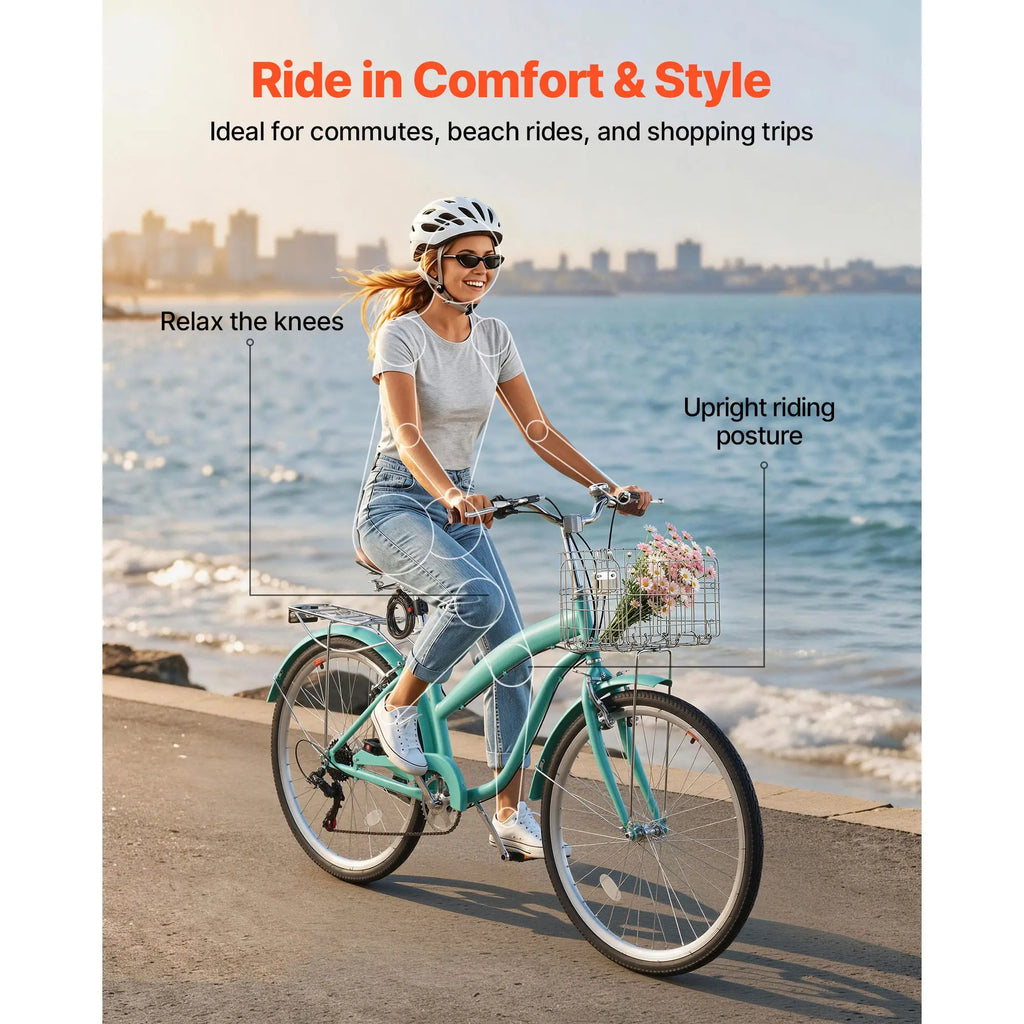 Bicicleta de paseo (beach cruiser) de 26 pulgadas para mujer, de 7 velocidades, con cesta