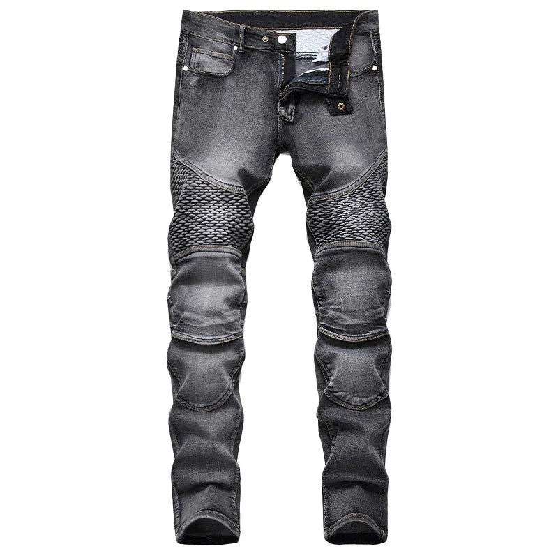 Men’s Patchwork Slim-Fit Motorcycle Jeans