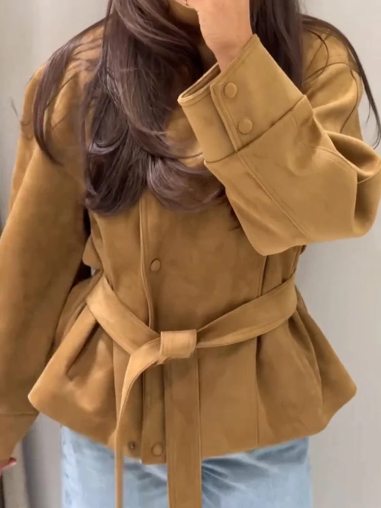 Women Brown Faux Leather Jackets Chic Casual Long Sleeve Lapel Loose Zipper Drawstring Coats Autumn Winter Streetwears Coats Padilla Innovations LLC