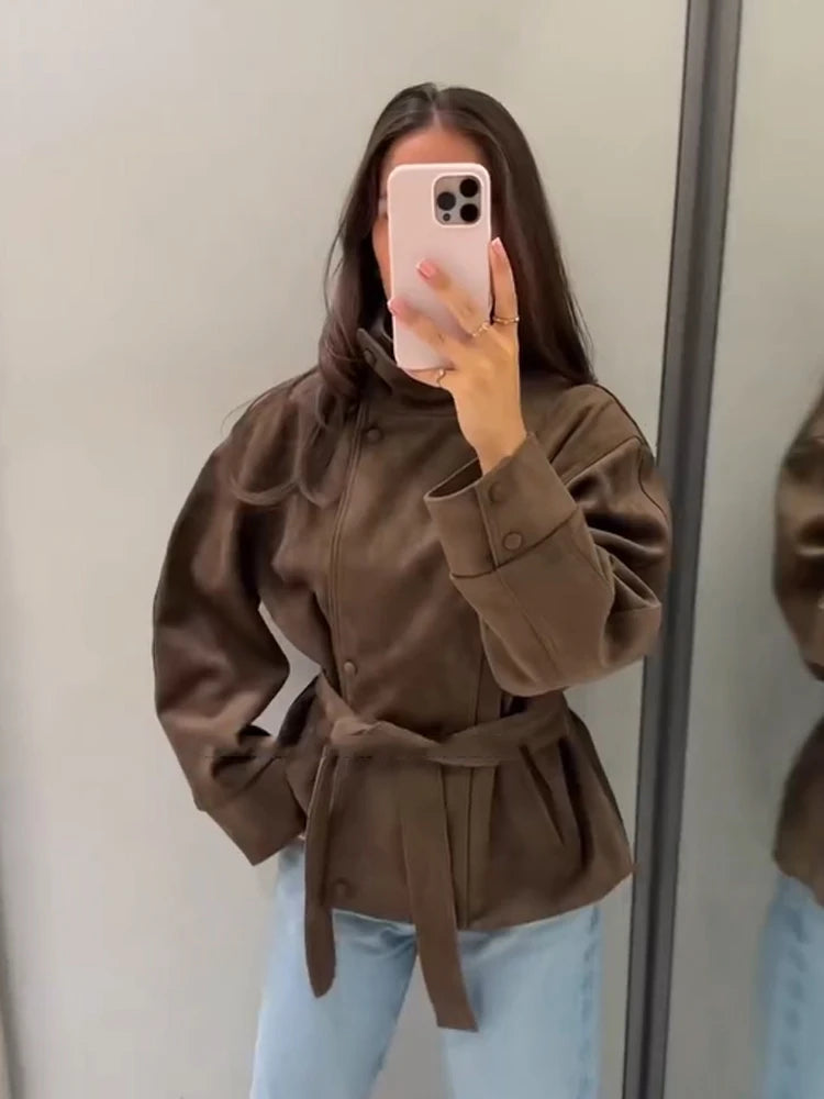 Women Brown Faux Leather Jackets Chic Casual Long Sleeve Lapel Loose Zipper Drawstring Coats Autumn Winter Streetwears Coats Padilla Innovations LLC