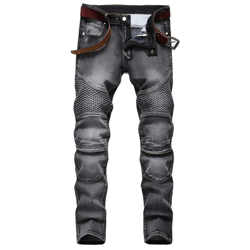 Vaqueros de motociclista ajustados con diseño de retazos para hombre