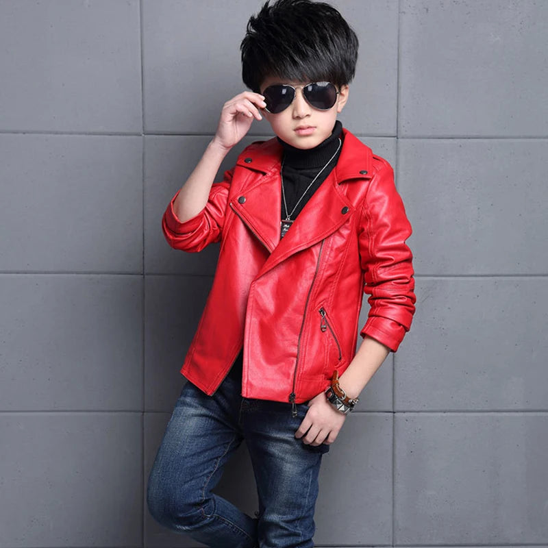 Boys’ Waterproof Zipper PU Leather Jacket