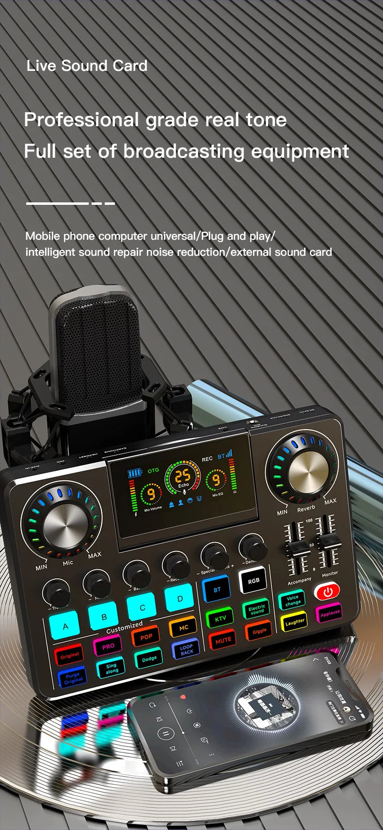 Tarjeta de sonido RGB en vivo y mezclador de audio para DJ con cambiador de voz