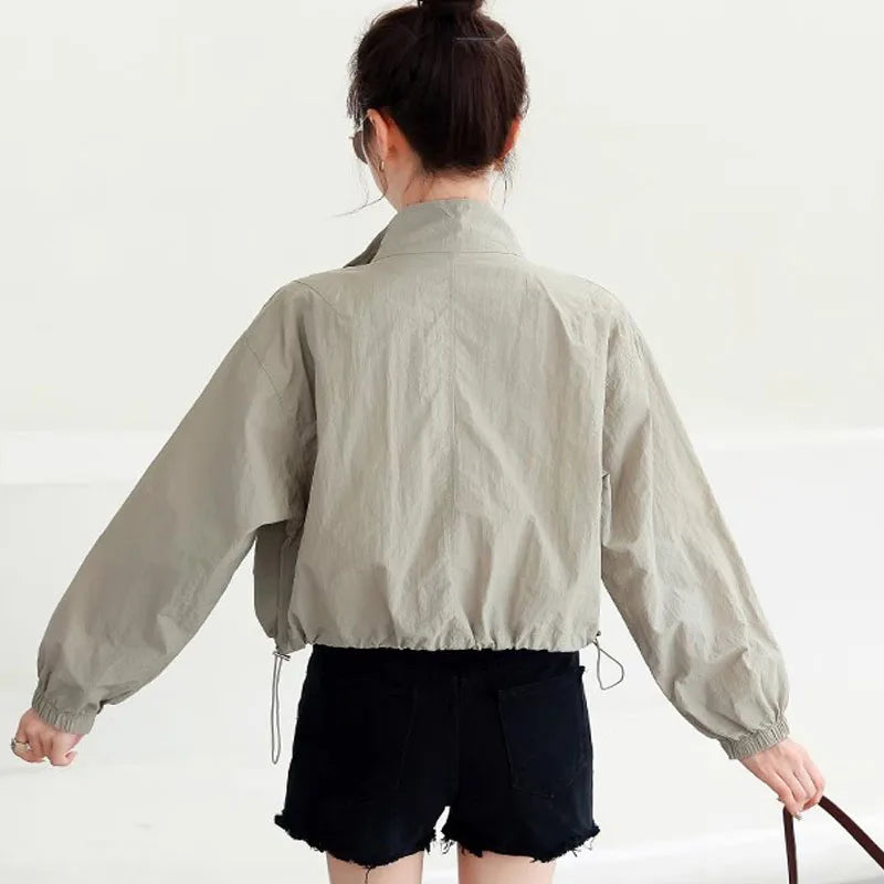 Women Stand Collar Sun Protection Cropped Jackets Solid Color Summer Elegant Streetwear Casual Loose Coats Female Chic Outerwear Padilla Innovations LLC