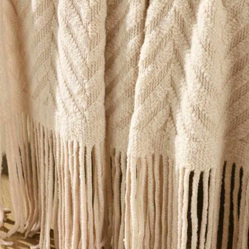 Luxury Chunky Cream Throw Blanket Soft Cozy Cable Knitted with Tassels All-Season Nordic Home Decor Blanket Gift