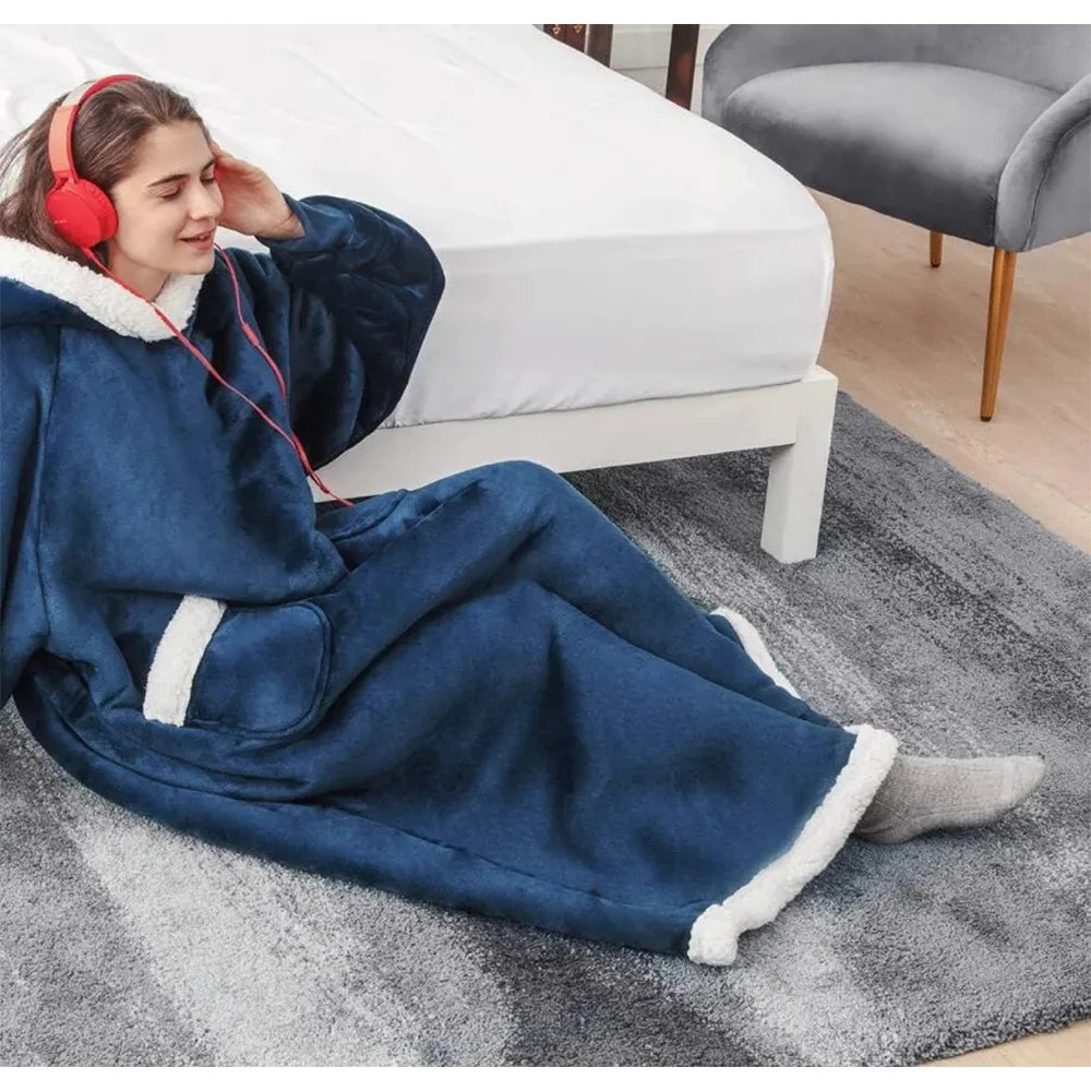 Extra Long Wearable Blankets Winter Flannel Hooded Blanket with Full Sleeves Men Women Cozy Soft Throw Adult TV Blanket Padilla Innovations LLC