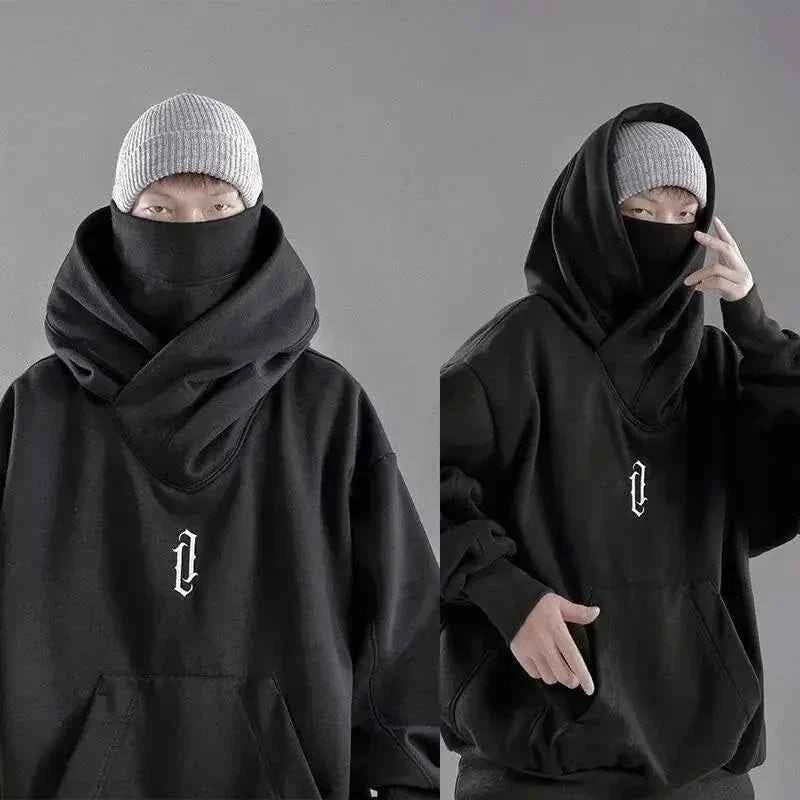 Winter Embroidery Turtleneck Men's Hooded Sweatshirt Japanese Ninja Oversized Hoodies Hip Hop Fleece Pocket Streetwear Y2K Hoody