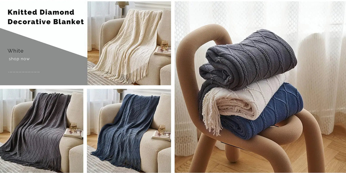 Luxury Chunky Cream Throw Blanket Soft Cozy Cable Knitted with Tassels All-Season Nordic Home Decor Blanket Gift