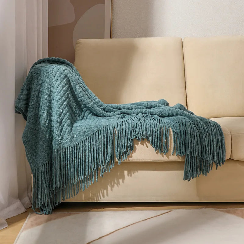 Luxury Chunky Cream Throw Blanket Soft Cozy Cable Knitted with Tassels All-Season Nordic Home Decor Blanket Gift