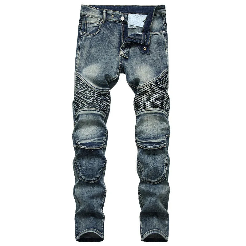 Men’s Patchwork Slim-Fit Motorcycle Jeans