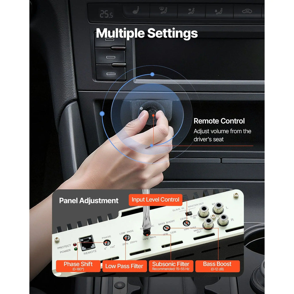 1-Channel Class D Car Audio Amplifier 400W RMS MAX Stable 1/2/4 Ohm Remote Subwoofer Level Control Monoblock Model D0100X38PB6