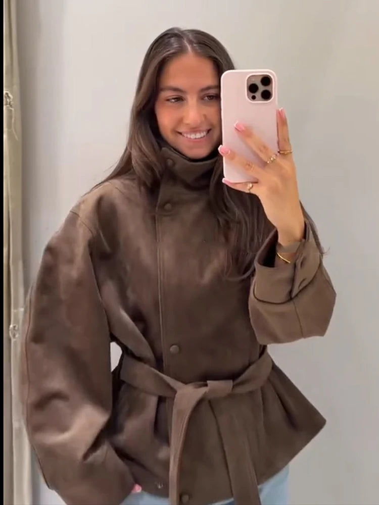 Women Brown Faux Leather Jackets Chic Casual Long Sleeve Lapel Loose Zipper Drawstring Coats Autumn Winter Streetwears Coats Padilla Innovations LLC