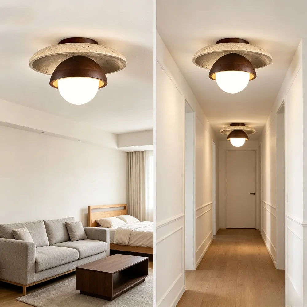 Wabi-Sabi Ceramic and Wood Ceiling Light