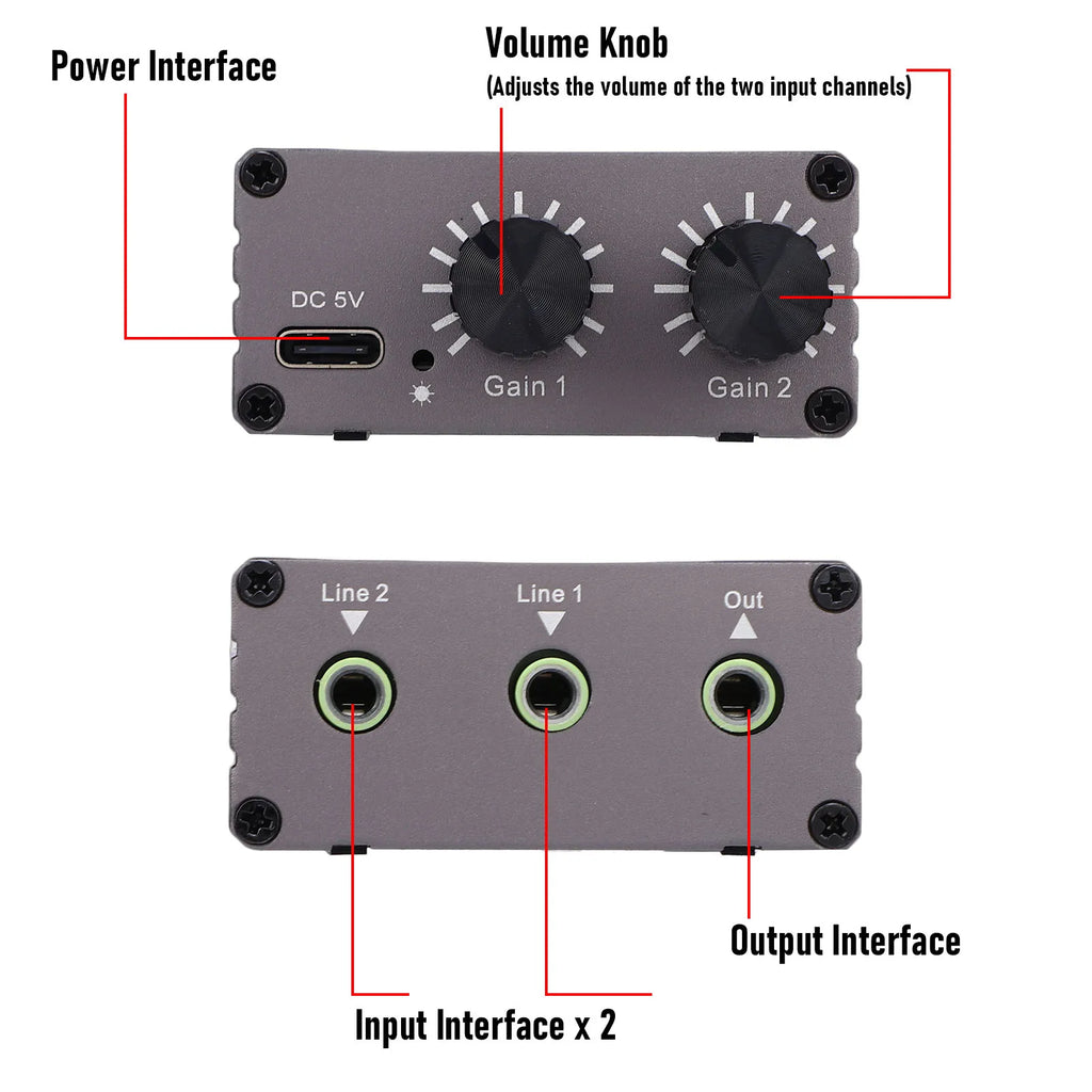 Mezclador de audio de 2 canales de 3.5 mm con control de volumen doble