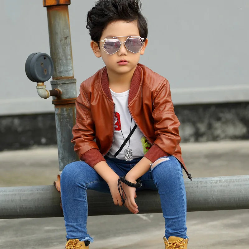 Boys’ Waterproof Zipper PU Leather Jacket