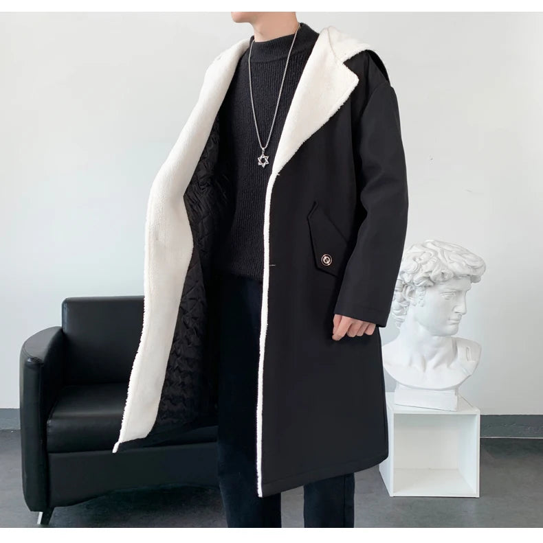 Men’s Hooded Long Trench Coat – Wool-Lined