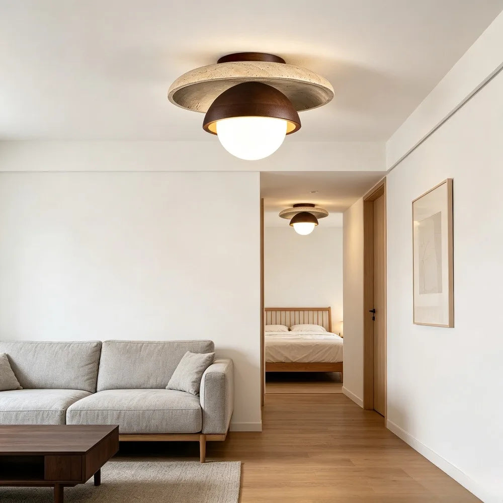 Wabi-Sabi Ceramic and Wood Ceiling Light