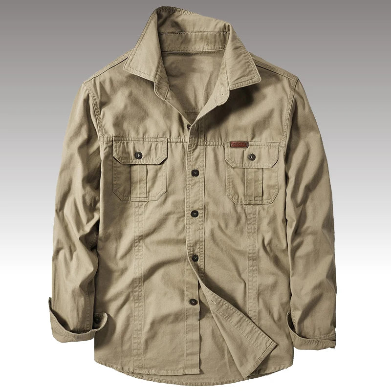 Men’s Cotton-Blend Long-Sleeve Cargo Shirt – Extended Sizes