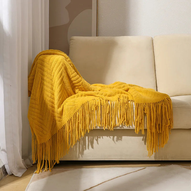 Luxury Chunky Cream Throw Blanket Soft Cozy Cable Knitted with Tassels All-Season Nordic Home Decor Blanket Gift