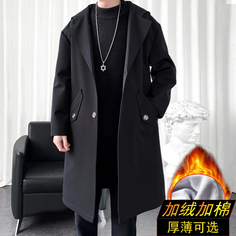 Men’s Hooded Long Trench Coat – Wool-Lined