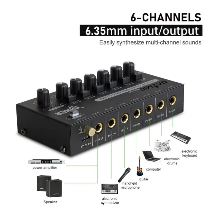 Mezclador de audio compacto de múltiples entradas con enrutamiento de monitor