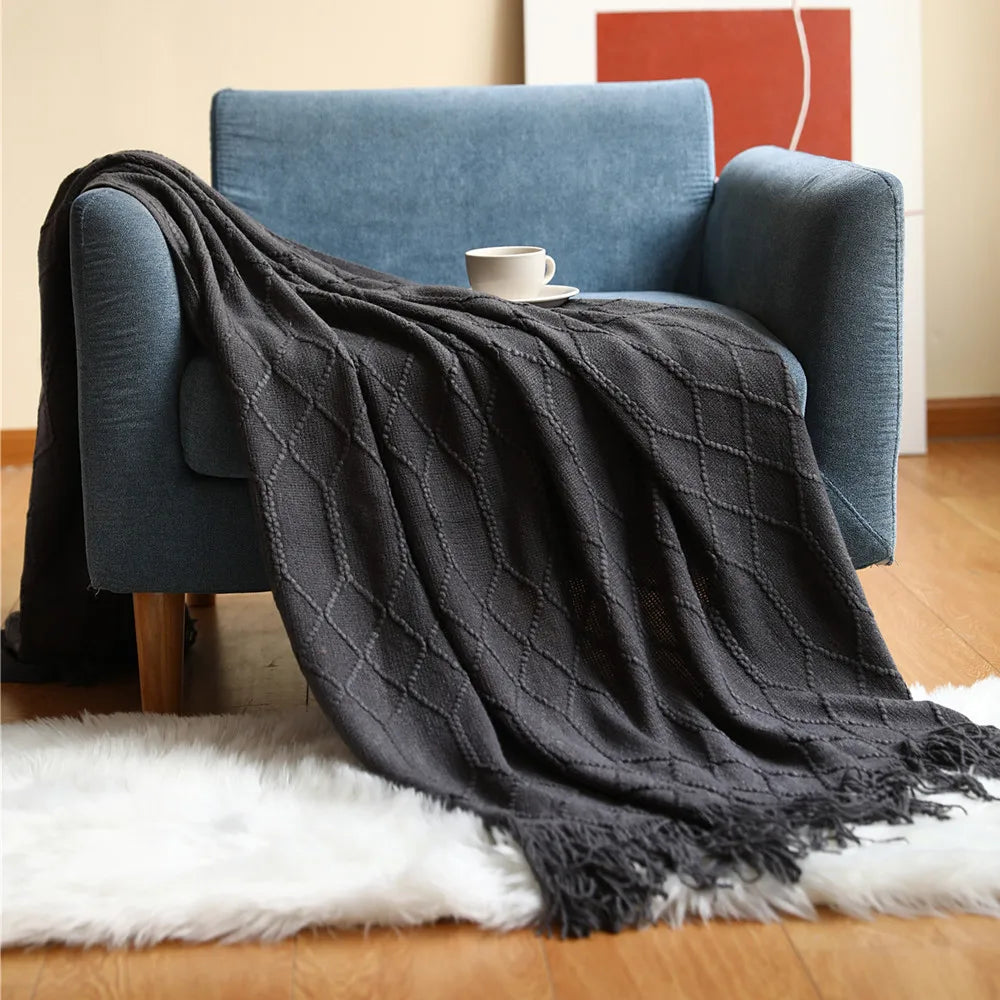 Luxury Chunky Cream Throw Blanket Soft Cozy Cable Knitted with Tassels All-Season Nordic Home Decor Blanket Gift