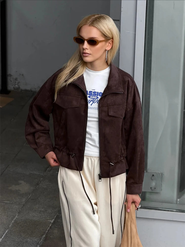 Women Brown Faux Leather Jackets Chic Casual Long Sleeve Lapel Loose Zipper Drawstring Coats Autumn Winter Streetwears Coats Padilla Innovations LLC