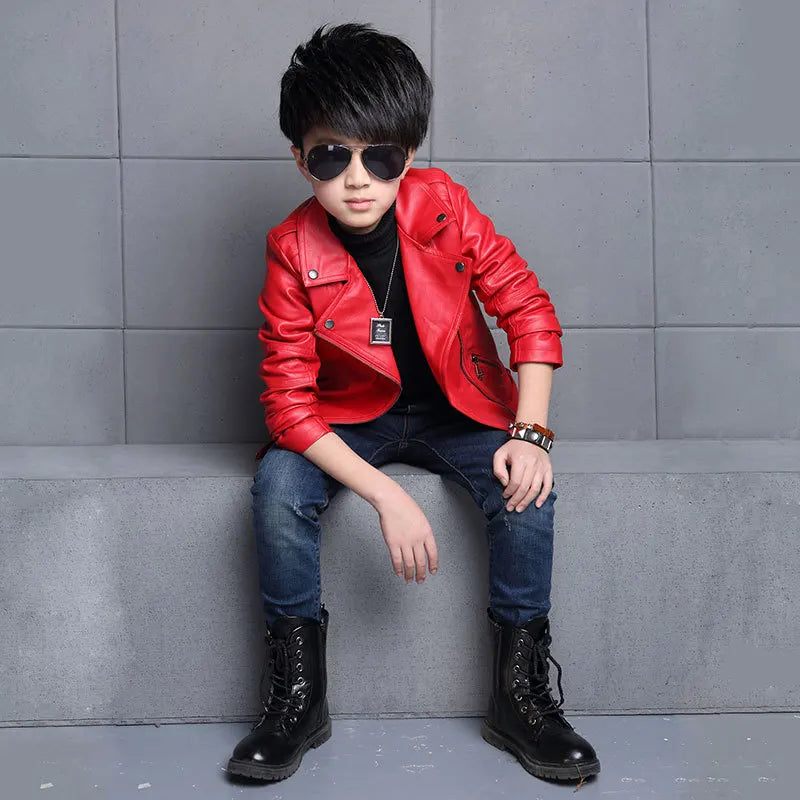 Boys’ Waterproof Zipper PU Leather Jacket