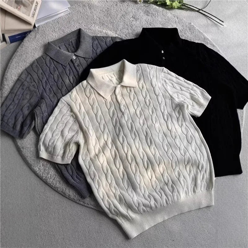 Men’s Cable-Knit Short-Sleeve Polo Sweater