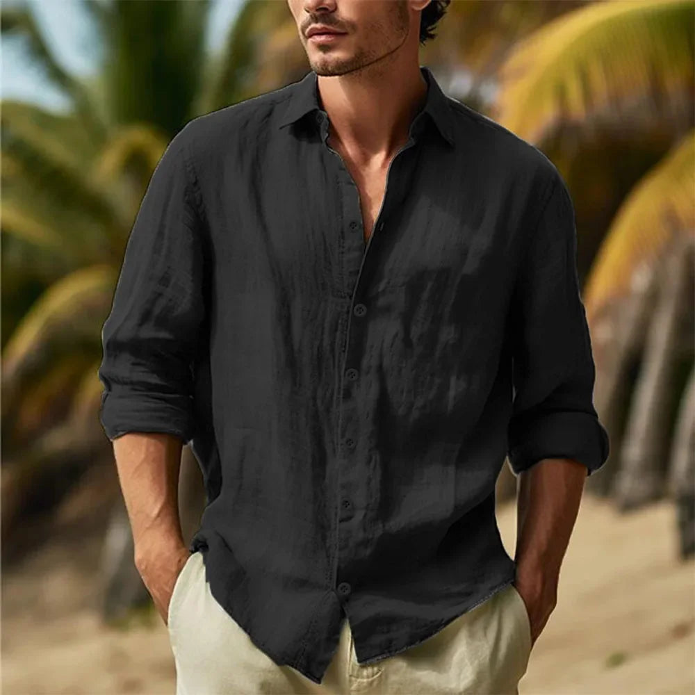 Camisa de algodón y lino de  manga larga para hombre