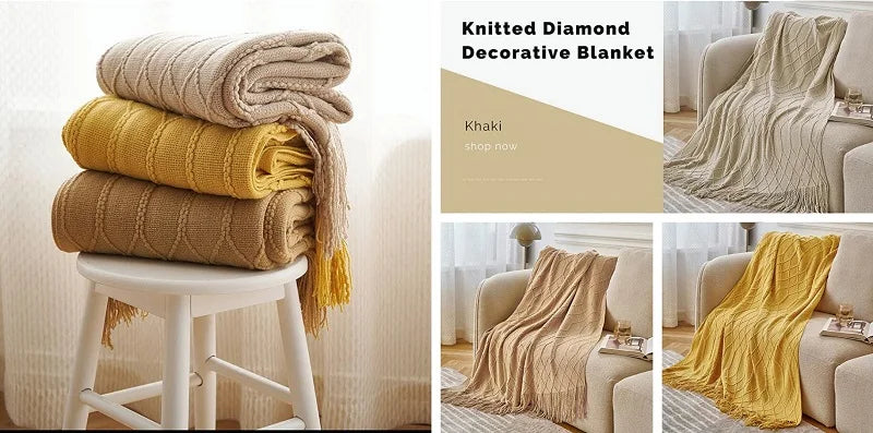 Luxury Chunky Cream Throw Blanket Soft Cozy Cable Knitted with Tassels All-Season Nordic Home Decor Blanket Gift