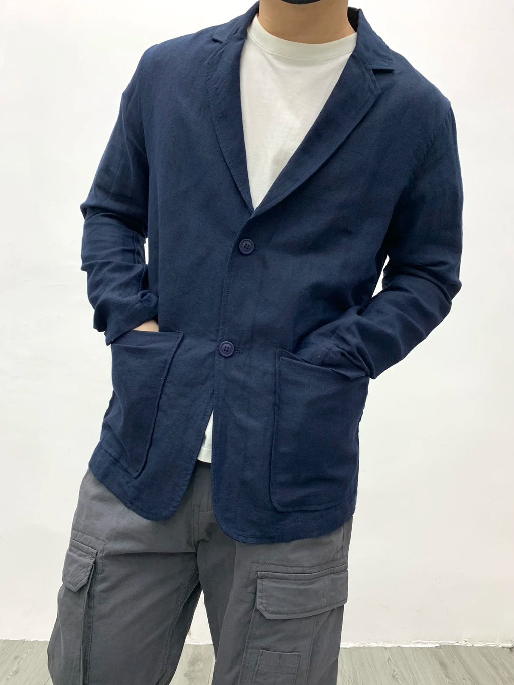 Chaqueta de traje para hombre de algodón y lino estilo japonés
