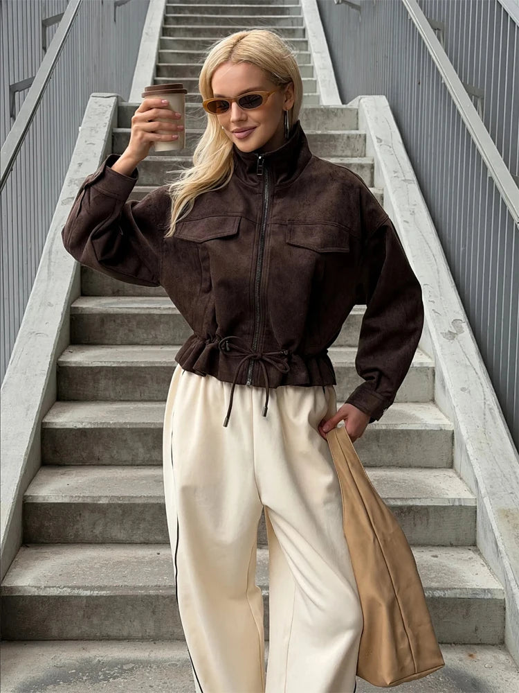 Women Brown Faux Leather Jackets Chic Casual Long Sleeve Lapel Loose Zipper Drawstring Coats Autumn Winter Streetwears Coats Padilla Innovations LLC