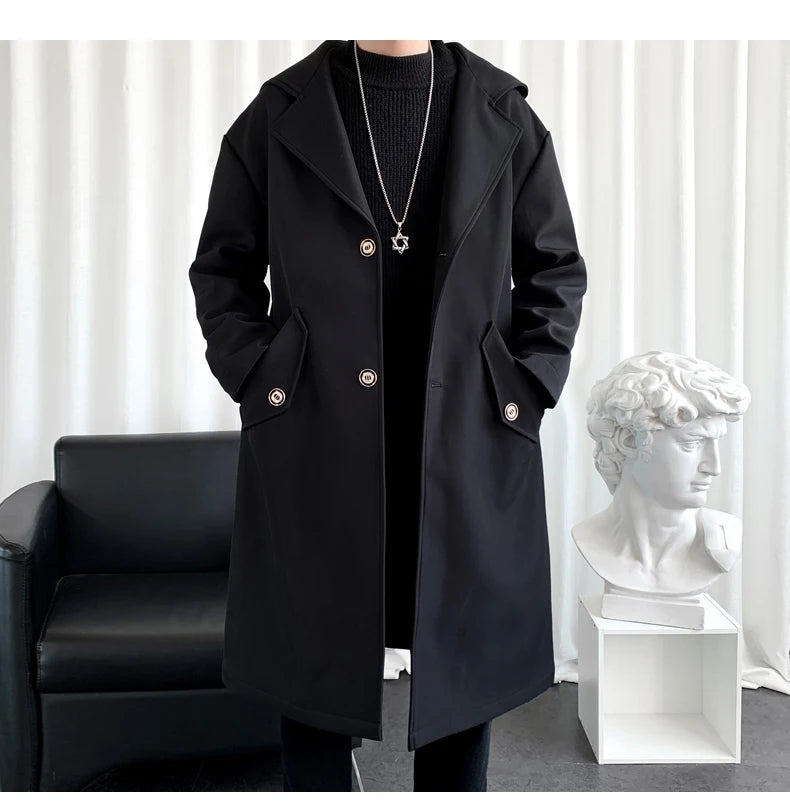 Men’s Hooded Long Trench Coat – Wool-Lined