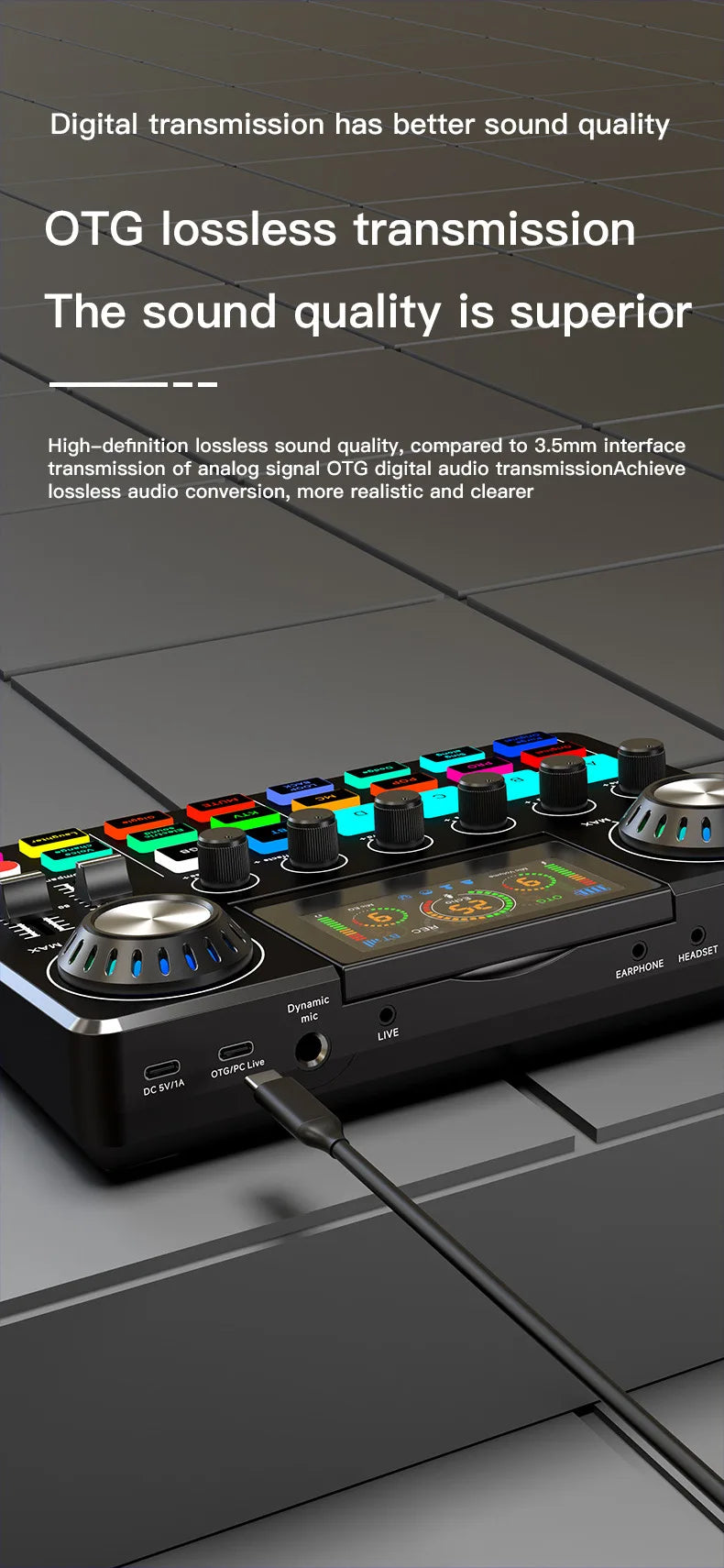 Tarjeta de sonido RGB en vivo y mezclador de audio para DJ con cambiador de voz