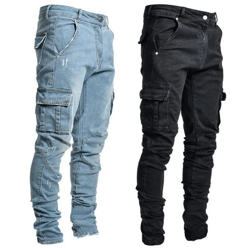 Men’s Skinny Cargo Jeans – Black, Light Blue, Dark Blue or Gray