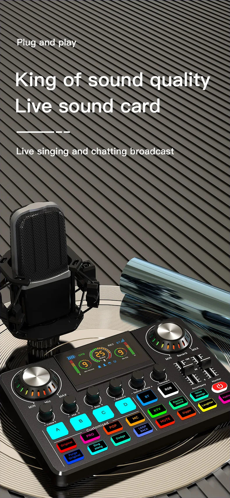 Tarjeta de sonido RGB en vivo y mezclador de audio para DJ con cambiador de voz