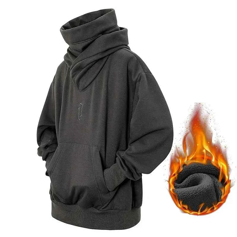 Winter Embroidery Turtleneck Men's Hooded Sweatshirt Japanese Ninja Oversized Hoodies Hip Hop Fleece Pocket Streetwear Y2K Hoody