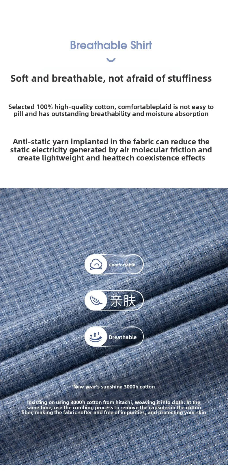 Camisa de algodón a cuadros resistente a las arrugas para hombre