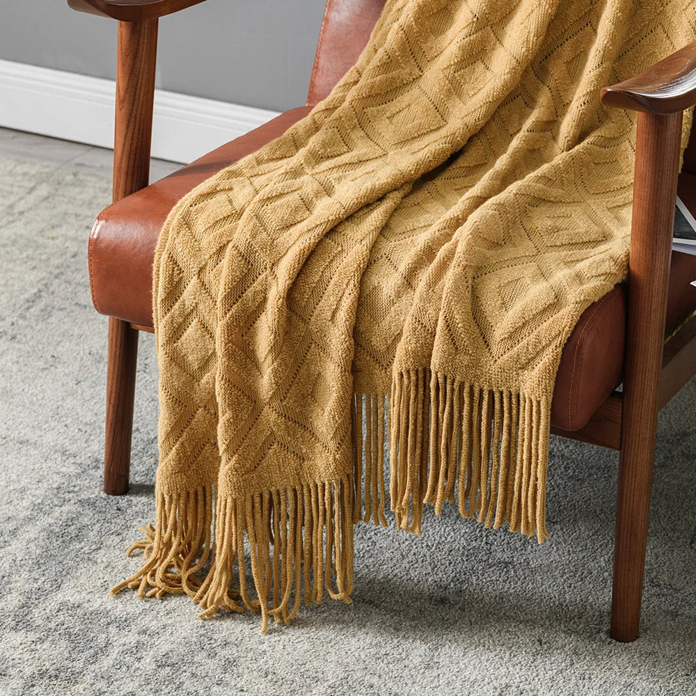 Luxury Chunky Cream Throw Blanket Soft Cozy Cable Knitted with Tassels All-Season Nordic Home Decor Blanket Gift