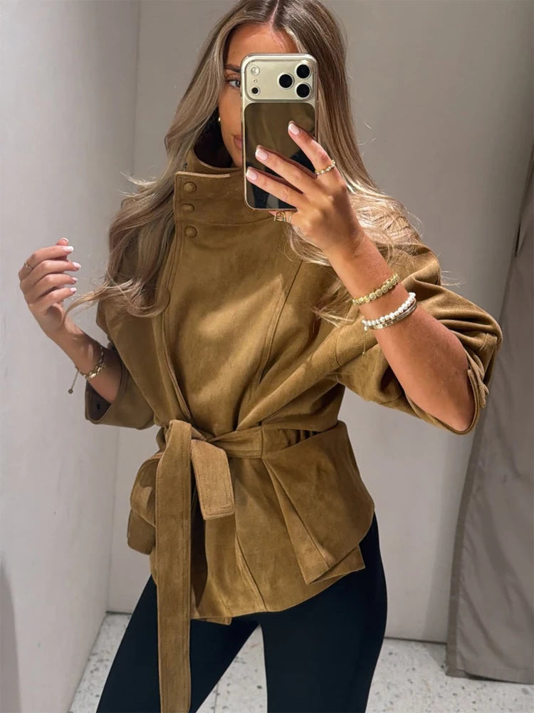 Women Brown Faux Leather Jackets Chic Casual Long Sleeve Lapel Loose Zipper Drawstring Coats Autumn Winter Streetwears Coats Padilla Innovations LLC