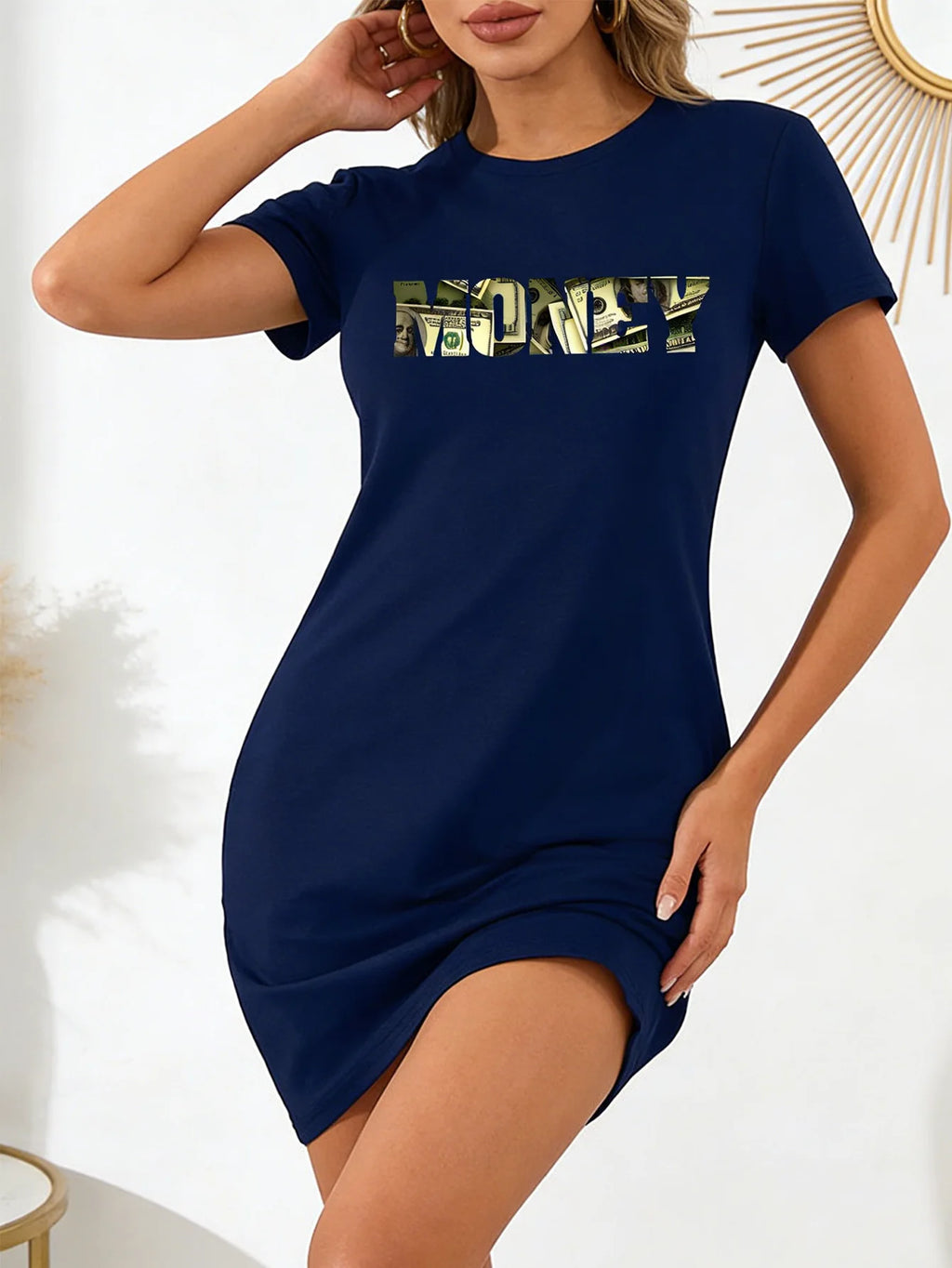 Women's Banknote Print Casual T-Shirt Dress
