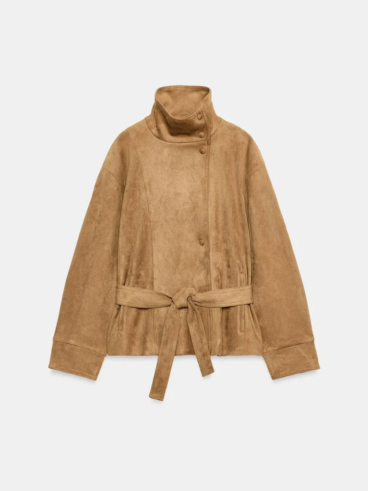 Women Brown Faux Leather Jackets Chic Casual Long Sleeve Lapel Loose Zipper Drawstring Coats Autumn Winter Streetwears Coats Padilla Innovations LLC