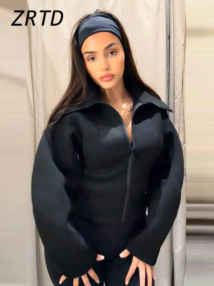 Casual Women's Waist Cinched Cropped Jackets Lapel Zipper Puff Sleeve Female Coats 2026 Spring Lady Fashion Commute Outwear Padilla Innovations LLC