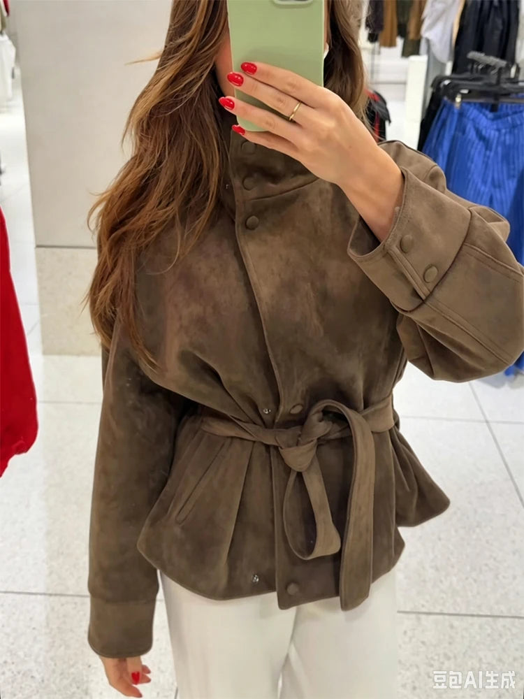 Women Brown Faux Leather Jackets Chic Casual Long Sleeve Lapel Loose Zipper Drawstring Coats Autumn Winter Streetwears Coats Padilla Innovations LLC