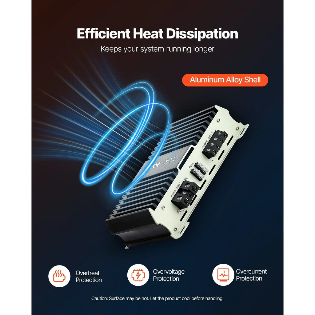 1-Channel Class D Car Audio Amplifier 400W RMS MAX Stable 1/2/4 Ohm Remote Subwoofer Level Control Monoblock Model D0100X38PB6