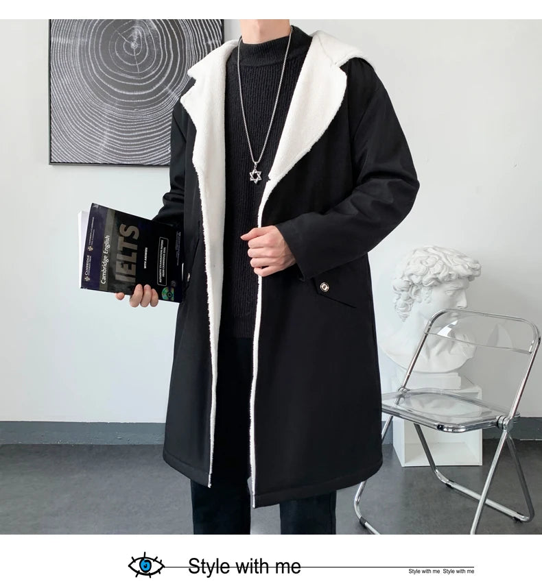 Men’s Hooded Long Trench Coat – Wool-Lined