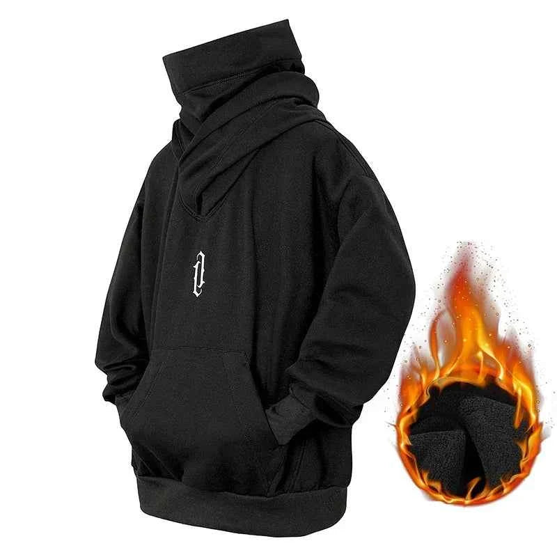 Winter Embroidery Turtleneck Men's Hooded Sweatshirt Japanese Ninja Oversized Hoodies Hip Hop Fleece Pocket Streetwear Y2K Hoody
