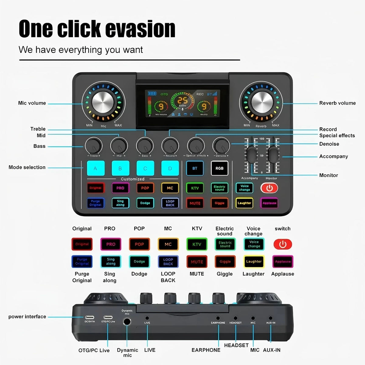 RGB Live Sound Card & DJ Audio Mixer with Voice Changer