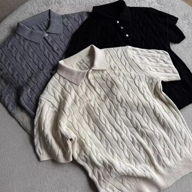 Men’s Cable-Knit Short-Sleeve Polo Sweater